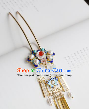 Chinese Classical Palace Pearls Golen Tassel Hair Stick Handmade Hanfu Hair Accessories Ancient Qing Dynasty Princess Blueing Lotus Hairpins
