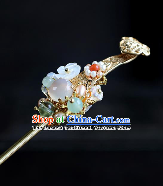 Chinese Classical Palace Golden Hair Stick Handmade Hanfu Hair Accessories Ancient Ming Dynasty Princess Chalcedony Hairpins
