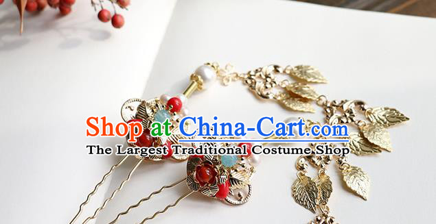 Chinese Classical Palace Golden Leaf Tassel Hair Stick Handmade Hanfu Hair Accessories Ancient Ming Dynasty Princess Hairpins