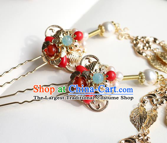 Chinese Classical Palace Golden Leaf Tassel Hair Stick Handmade Hanfu Hair Accessories Ancient Ming Dynasty Princess Hairpins