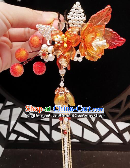 Chinese Classical Orange Flowers Hair Comb Handmade Hanfu Hair Accessories Ancient Song Dynasty Princess Tassel Hairpins