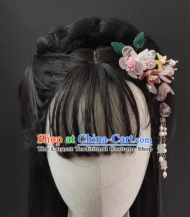 Chinese Classical Pink Flowers Tassel Hair Stick Handmade Hanfu Hair Accessories Ancient Song Dynasty Princess Aventurine Hairpins