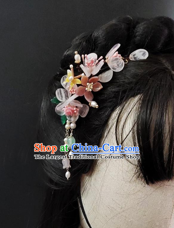 Chinese Classical Pink Flowers Tassel Hair Stick Handmade Hanfu Hair Accessories Ancient Song Dynasty Princess Aventurine Hairpins