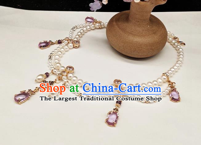 Chinese Handmade Ming Dynasty Purple Crystal Necklet Classical Jewelry Accessories Ancient Princess Hanfu Pearls Necklace for Women