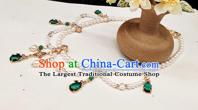Chinese Handmade Ming Dynasty Green Crystal Necklet Classical Jewelry Accessories Ancient Princess Hanfu Pearls Necklace for Women
