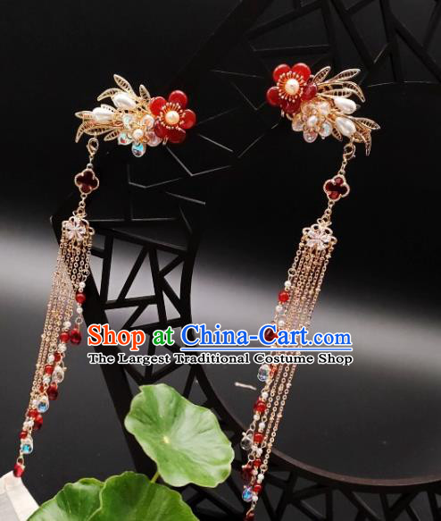Chinese Classical Red Plum Hair Sticks Handmade Hanfu Hair Accessories Ancient Tang Dynasty Princess Hairpins Golden Tassel Hair Claw