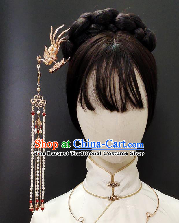 Chinese Classical Pearls Tassel Hair Sticks Handmade Hanfu Hair Accessories Ancient Tang Dynasty Princess Hairpins Golden Phoenix Hair Clip