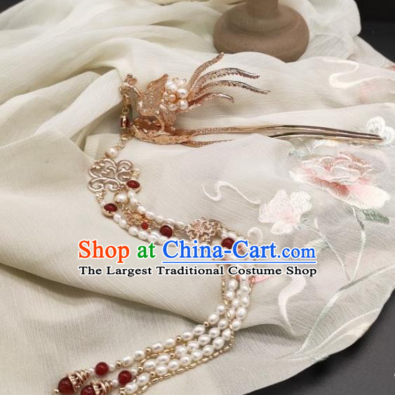 Chinese Classical Pearls Tassel Hair Sticks Handmade Hanfu Hair Accessories Ancient Tang Dynasty Princess Hairpins Golden Phoenix Hair Clip