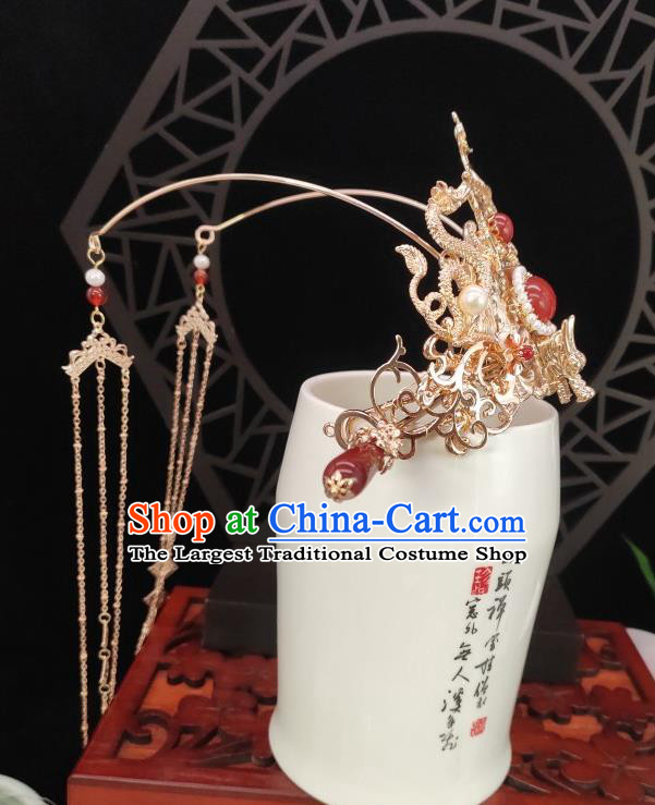 Chinese Classical Agate Hair Stick Handmade Hanfu Hair Accessories Ancient Tang Dynasty Princess Hairpins Golden Dragon Hair Crown