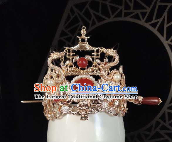 Chinese Classical Agate Hair Stick Handmade Hanfu Hair Accessories Ancient Tang Dynasty Princess Hairpins Golden Dragon Hair Crown