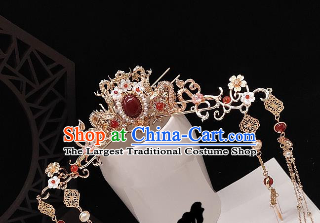 Chinese Classical Golden Dragon Phoenix Coronet Handmade Hanfu Hair Accessories Ancient Tang Dynasty Princess Hairpins Agate Hair Crown