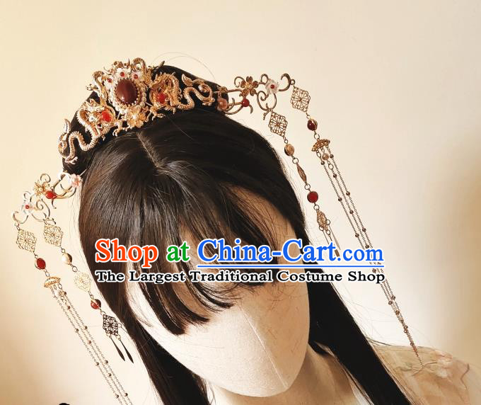 Chinese Classical Golden Dragon Phoenix Coronet Handmade Hanfu Hair Accessories Ancient Tang Dynasty Princess Hairpins Agate Hair Crown