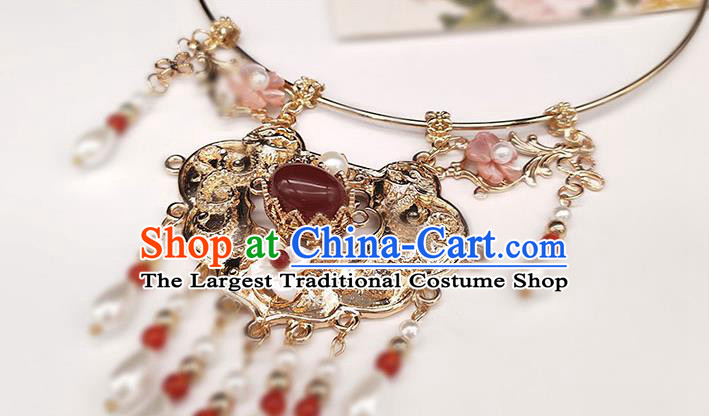 Chinese Handmade Ming Dynasty Hanfu Agate Necklet Classical Jewelry Accessories Ancient Princess Golden Longevity Lock Necklace for Women