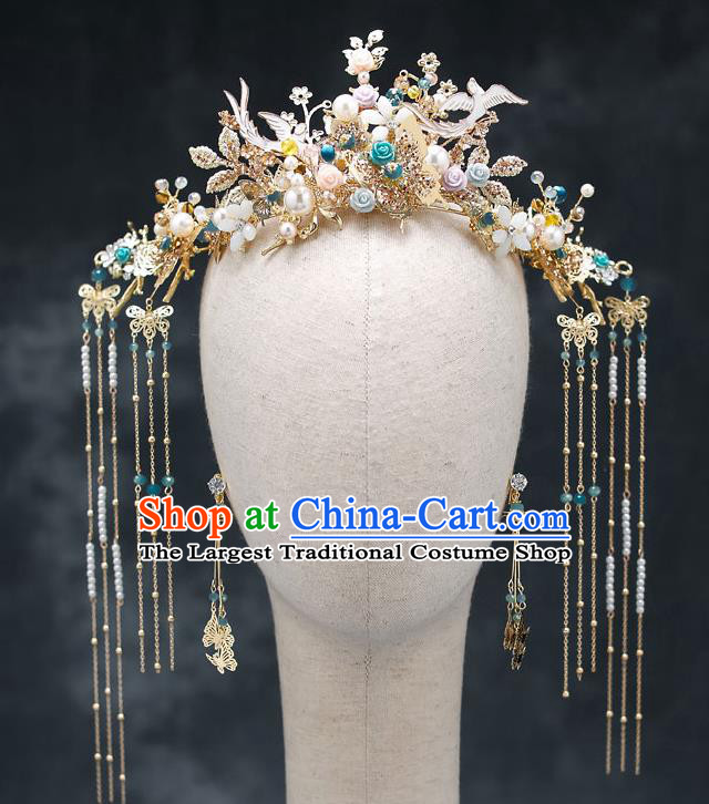 Chinese Classical Wedding Roses Hair Crown Handmade Hair Accessories Ancient Bride Hairpins Complete Set