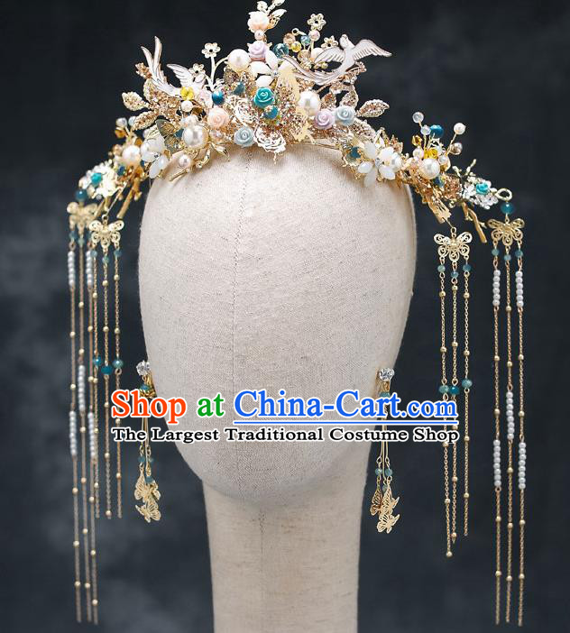 Chinese Classical Wedding Roses Hair Crown Handmade Hair Accessories Ancient Bride Hairpins Complete Set