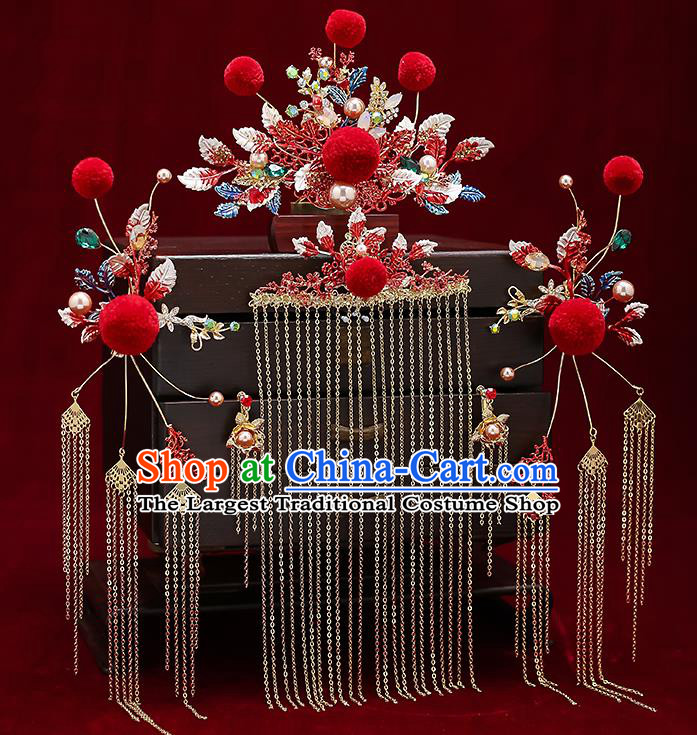 Chinese Classical Wedding Red Venonat Hair Crown Handmade Hair Accessories Ancient Bride Hairpins Hair Comb Complete Set
