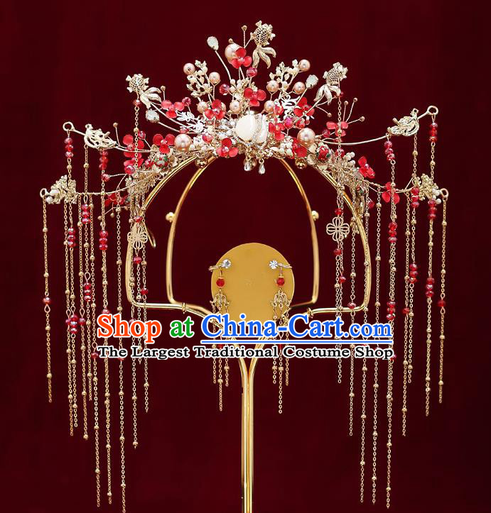 Chinese Classical Wedding Red Beads Hair Crown Handmade Hair Accessories Ancient Bride Hairpins Tassel Phoenix Coronet Complete Set
