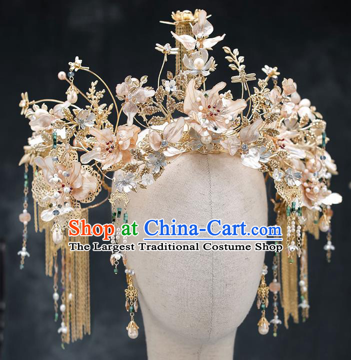 Chinese Classical Wedding Hair Crown Handmade Hair Accessories Ancient Bride Hairpins Champagne Flowers Phoenix Coronet Complete Set