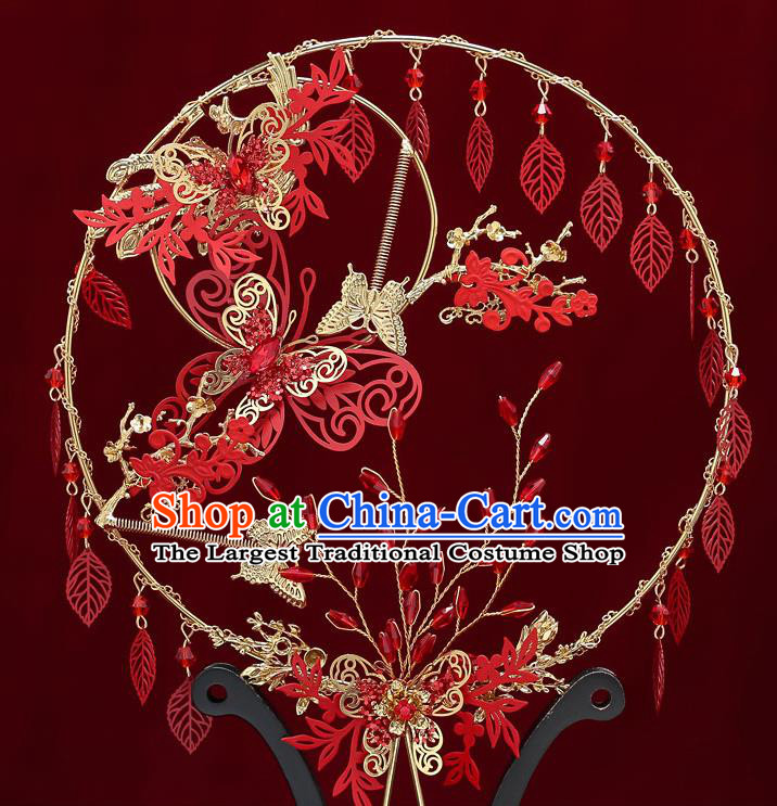 Chinese Handmade Wedding Red Leaf Palace Fans Classical Fans Ancient Bride Butterfly Round Fans