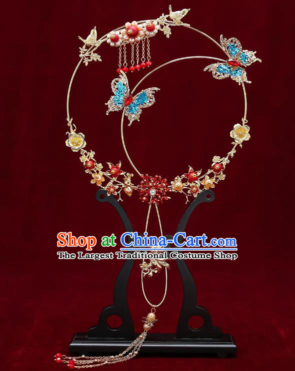 Chinese Handmade Wedding Palace Fans Classical Fans Ancient Bride Blue Crystal Butterfly Round Fans