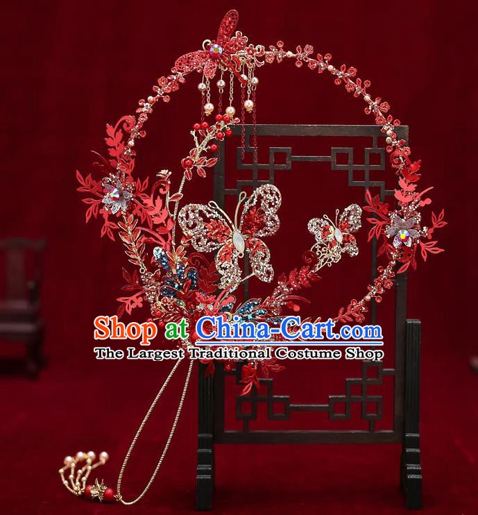 Chinese Handmade Wedding Red Dragonfly Butterfly Palace Fans Classical Fans Ancient Bride Round Fans