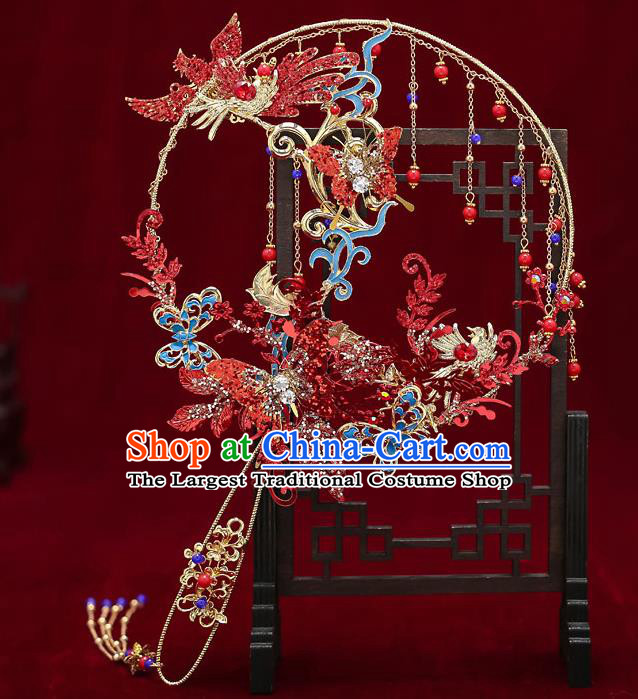 Chinese Handmade Wedding Crystal Red Palace Fans Classical Fans Ancient Bride Blueing Butterfly Round Fans