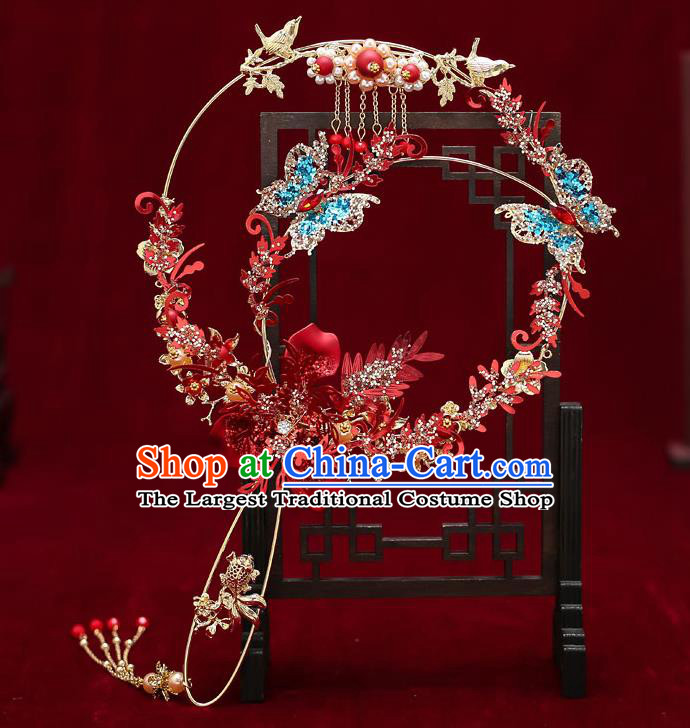 Chinese Handmade Wedding Blue Crystal Butterfly Palace Fans Classical Fans Ancient Bride Blueing Pearls Round Fans