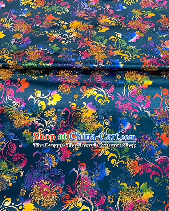 Chinese Traditional Chrysanthemum Pattern Navy Blue Silk Fabric Brocade Drapery Qipao Dress Damask Material