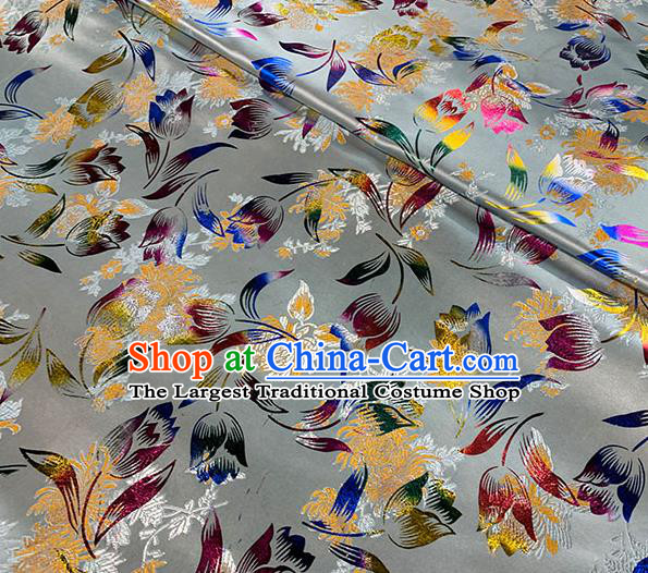Chinese Traditional Tulip Pattern Grey Silk Fabric Brocade Drapery Qipao Dress Damask Material