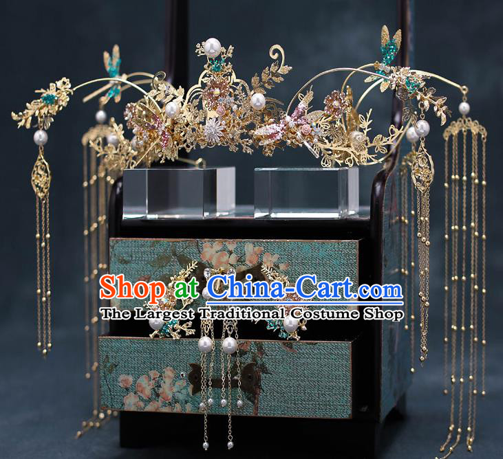 Chinese Handmade Classical Wedding Hair Accessories Ancient Bride Hairpins Green Dragonfly Phoenix Coronet Complete Set