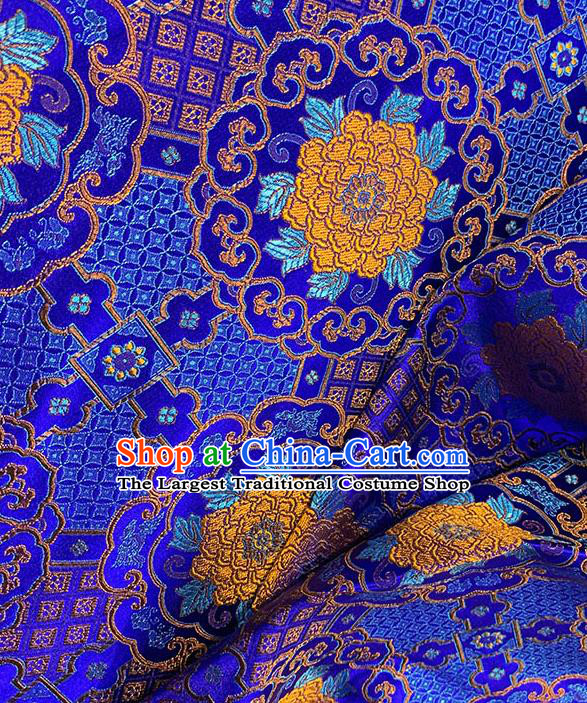 Chinese Traditional Yellow Peony Pattern Royalblue Silk Fabric Brocade Drapery Tang Suit Damask Material