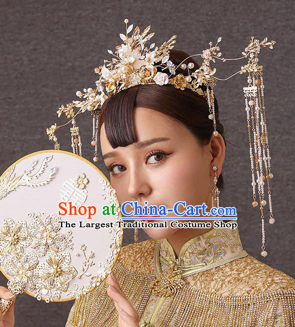 Chinese Handmade Beads Tassel Hair Crown Classical Wedding Hair Accessories Ancient Bride Hairpins Phoenix Coronet Complete Set
