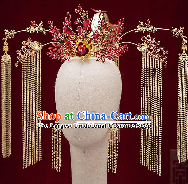 Chinese Handmade Phoenix Coronet Classical Wedding Hair Accessories Ancient Bride Hairpins Red Crystal Hair Crown Complete Set