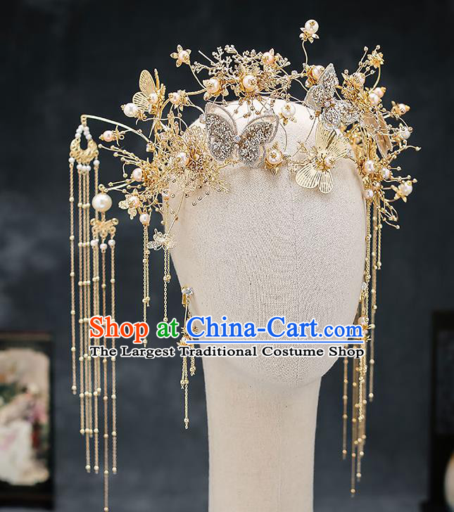 Chinese Handmade Butterfly Phoenix Coronet Classical Wedding Hair Accessories Ancient Bride Hairpins Golden Hair Crown Complete Set