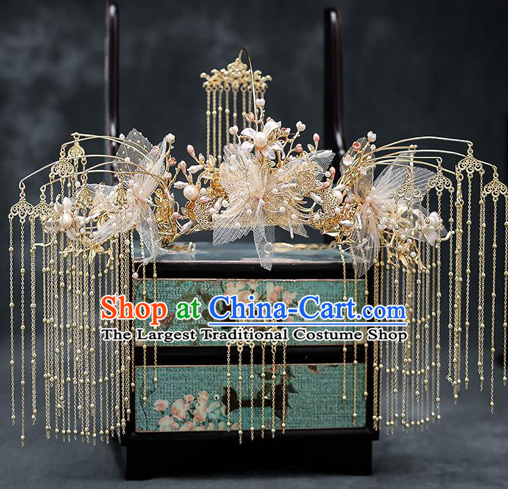 Chinese Handmade Silk Flowers Phoenix Coronet Classical Wedding Hair Accessories Ancient Bride Hairpins Golden Tassel Hair Crown Complete Set
