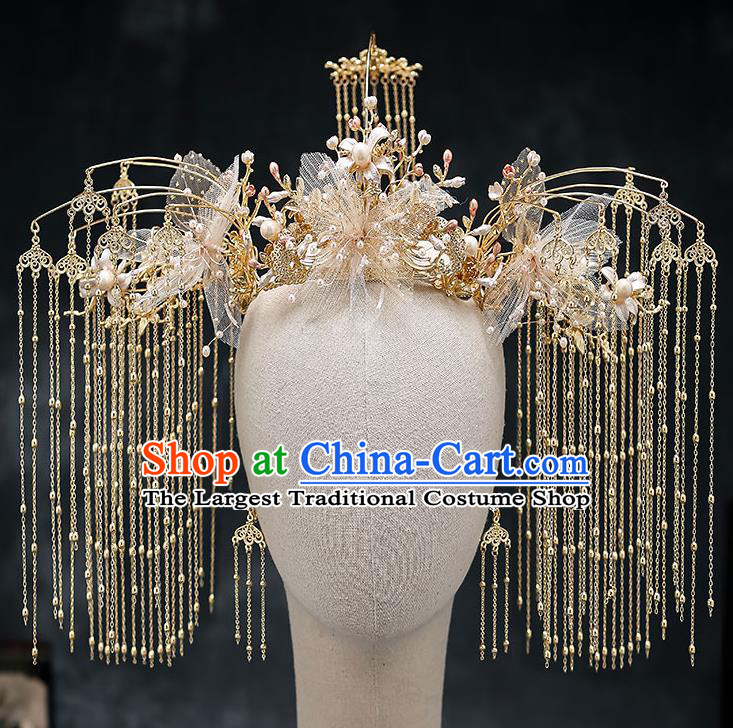 Chinese Handmade Silk Flowers Phoenix Coronet Classical Wedding Hair Accessories Ancient Bride Hairpins Golden Tassel Hair Crown Complete Set