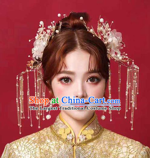 Chinese Handmade Silk Flowers Hair Comb Classical Wedding Hair Accessories Ancient Bride Hairpins Tassel Step Shake Complete Set