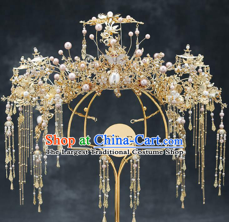 Chinese Handmade Hair Crown Classical Wedding Hair Accessories Ancient Bride Hairpins Pearls Phoenix Coronet Complete Set