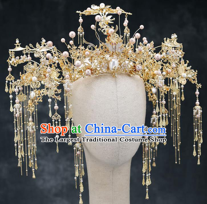 Chinese Handmade Hair Crown Classical Wedding Hair Accessories Ancient Bride Hairpins Pearls Phoenix Coronet Complete Set