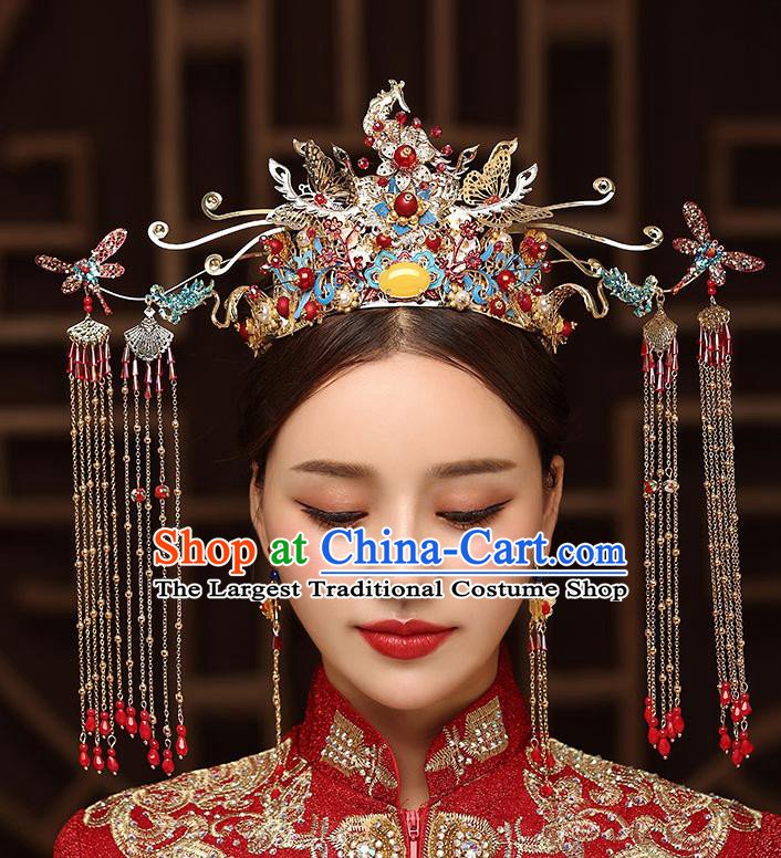 Chinese Handmade Dragonfly Hair Crown Classical Wedding Hair Accessories Ancient Bride Hairpins Blueing Phoenix Coronet Complete Set