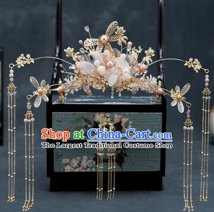 Chinese Handmade Golden Hair Crown Classical Wedding Hair Accessories Ancient Bride Hairpins Silk Flowers Phoenix Coronet Complete Set