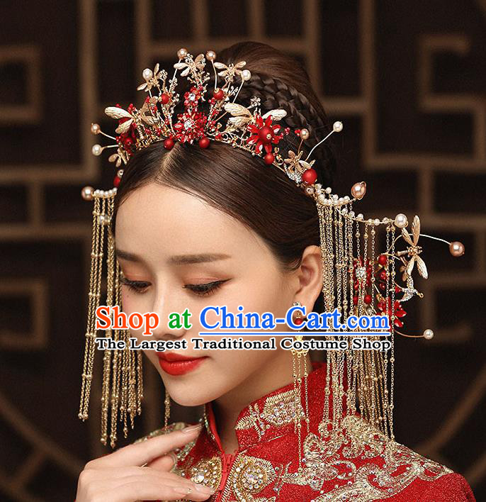 Chinese Handmade Golden Tassel Hair Crown Classical Wedding Hair Accessories Ancient Bride Hairpins Dragonfly Phoenix Coronet Complete Set