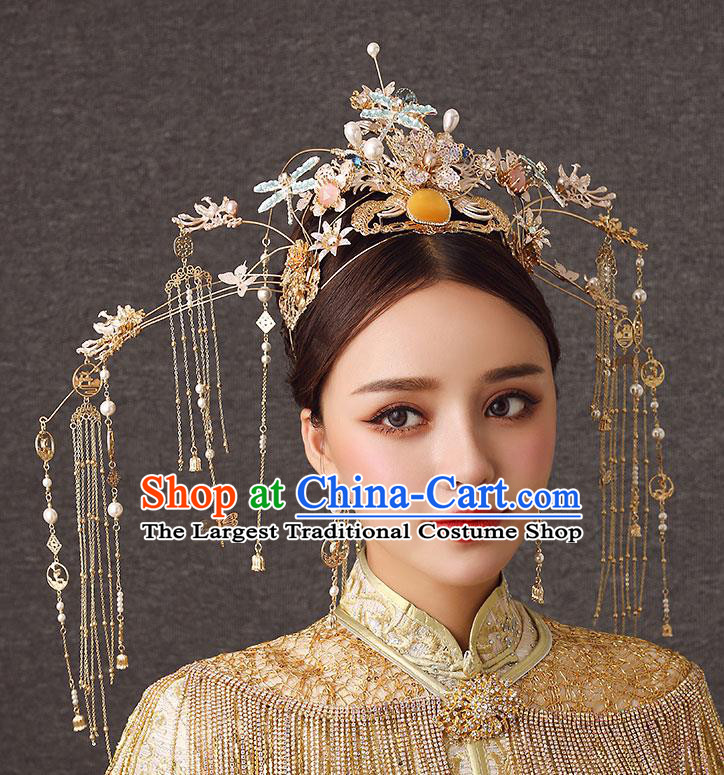 Chinese Handmade Blue Dragonfly Hair Crown Classical Wedding Hair Accessories Ancient Bride Hairpins Golden Phoenix Coronet Complete Set