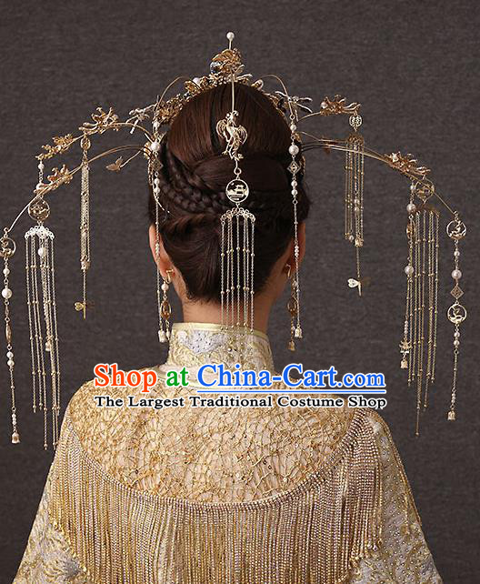 Chinese Handmade Blue Dragonfly Hair Crown Classical Wedding Hair Accessories Ancient Bride Hairpins Golden Phoenix Coronet Complete Set