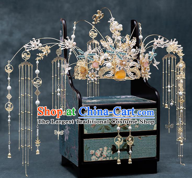 Chinese Handmade Blue Dragonfly Hair Crown Classical Wedding Hair Accessories Ancient Bride Hairpins Golden Phoenix Coronet Complete Set