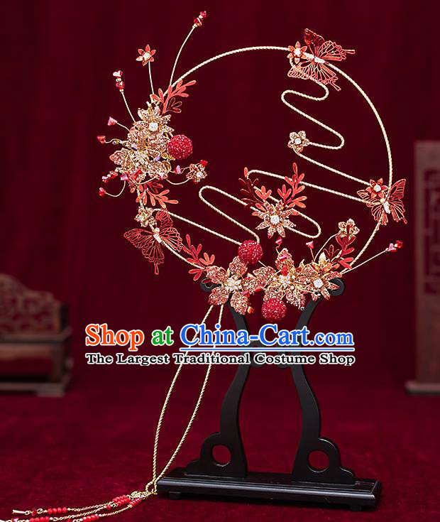 Chinese Handmade Red Palace Fans Classical Fans Ancient Bride Butterfly Round Fans