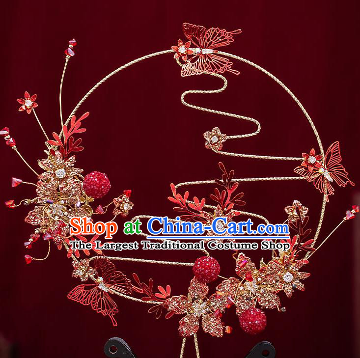 Chinese Handmade Red Palace Fans Classical Fans Ancient Bride Butterfly Round Fans
