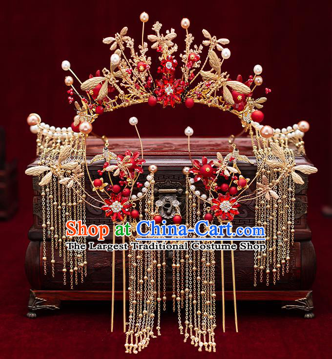 Chinese Handmade Golden Dragonfly Phoenix Coronet Classical Wedding Hair Accessories Ancient Bride Tassel Hairpins Complete Set