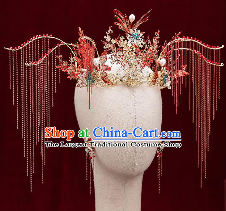 Chinese Handmade Red Tassel Phoenix Coronet Classical Wedding Hair Accessories Ancient Bride Hairpins Headwear Complete Set