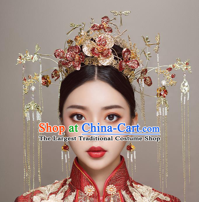 Chinese Handmade Red Flowers Hair Crown Classical Wedding Hair Accessories Ancient Bride Hairpins Golden Tassel Phoenix Coronet Complete Set